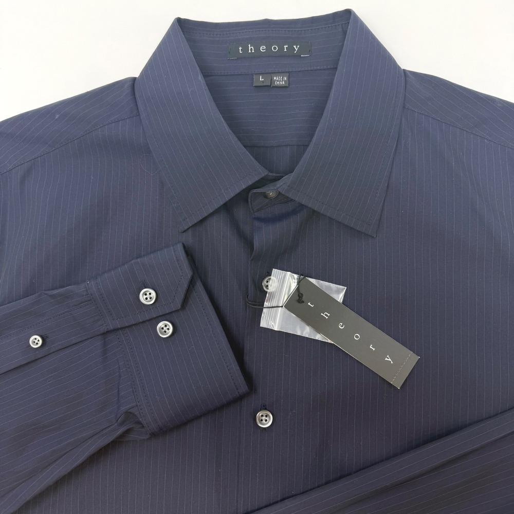 Theory Winston NP Mens‎ Large Navy Blue Pinstripe Dress Shirt Bransford NEW